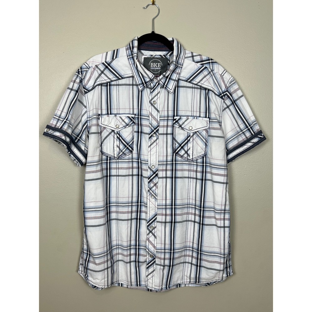BKE Athletic Fit Mens XL Short Sleeve Plaid Snap Button Down Shirt 11328NM White